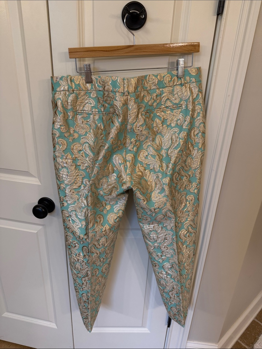 J Crew Collection lined 12 Aqua and Gold Brocade Dress Pants cropped - Picture 5 of 8
